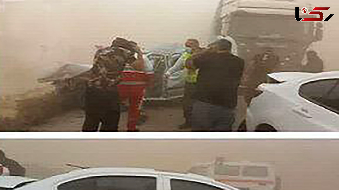تصادف زنجیره‌ای وحشتناک در مشهد به خاطر گرد و خاک + عکس