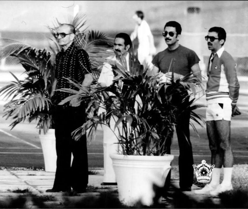 Shah of Iran Mohammad Reza Pahlavi among his bodyguards in exile _The Bahamas _1979