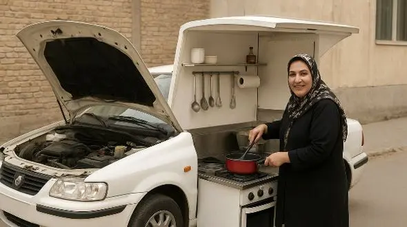 فیلم/ خلاقیت خانم خوش ذوق سبزواری برای تبدیل خودرو ال 90 به آشپزخانه سیار حماسه ‌آفرید، به کوچکترین فضا هم رحم نکرده / هنر نزد ایرانیان است و بس
