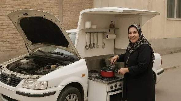 فیلم/ خلاقیت خانم خوش ذوق سبزواری برای تبدیل خودرو ال 90 به آشپزخانه سیار حماسه ‌آفرید، به کوچکترین فضا هم رحم نکرده / هنر نزد ایرانیان است و بس