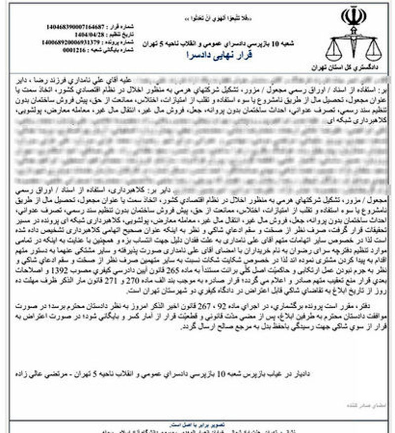 قرار نهایی - کیفرخواست پروژه مسکونی حکیم که از سوی شعبه 10 بازپرسی دادسرای ناحیه 5 قدس تهران صادر شد