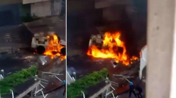 آتش زدن خودروی ضد شورش در خیابان های ونزوئلا + فیلم