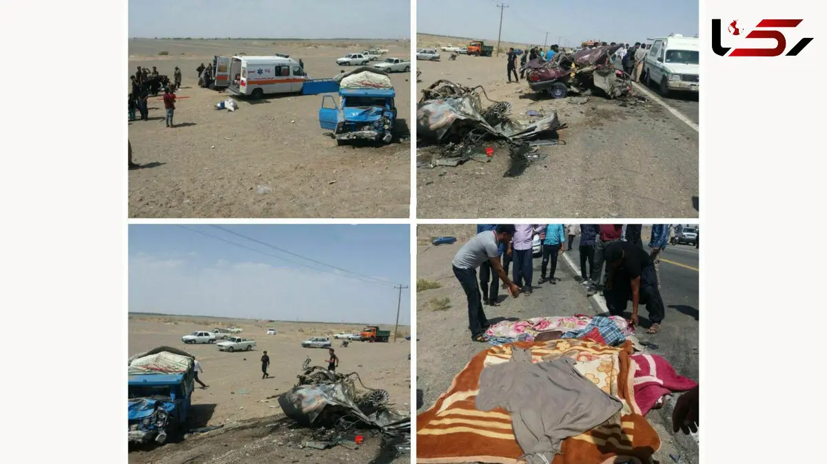 عکس های وحشتناک از له شدن 5 مسافر در تصادف جاده ریگان / نیسان همه را تارومار کرد 