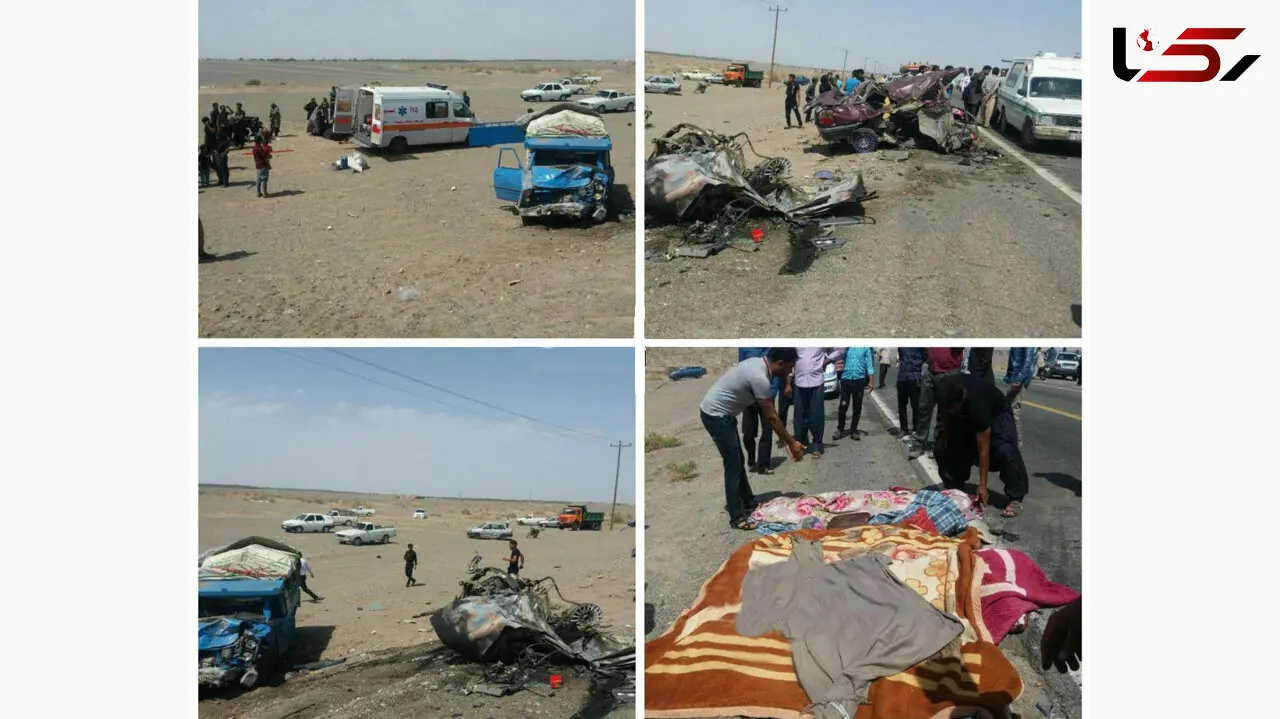 عکس های وحشتناک از له شدن 5 مسافر در تصادف جاده ریگان / نیسان همه را تارومار کرد 