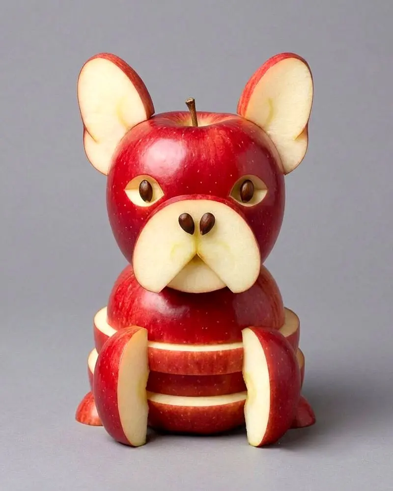 تصویری از مجسمه‌های خلاقانه ساخته‌شده با میوه، شامل حیواناتی مانند سگ سیبی، گربه هندوانه‌ای و حلزون میوه‌ای که با برش‌های دقیق و ترکیب رنگ‌های طبیعی میوه‌ها طراحی شده‌اند؛ مناسب برای معرفی هنر میوه‌آرایی و ترندهای خلاقانه در شبکه‌های اجتماعی.
