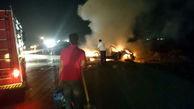 فیلم لحظه آتش گرفتن خودروی ال 90 با پنج سرنشین در جاده دزفول / این حادثه ساعت 21:30 امشب رخ داد + تصاویر