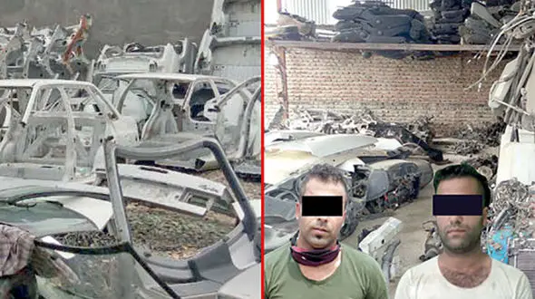 پاتوق دزدان خودرو در یک باغ / 2 کامیون 10 تنی لوازم اوراق شده خودروهای دزدی در این باغ بود+عکس متهمان در باغ