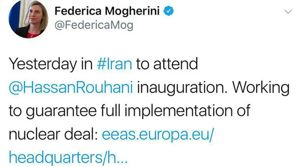 توئیت موگرینی پس از سفر به ایران چه گفت؟