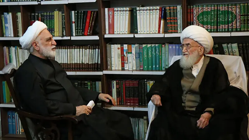 دیدارآیت‌الله حسین نوری همدانی  حجت‌الاسلام والمسلمین غلامحسین محسنی اژه‌ای، رئیس قوه قضائیه