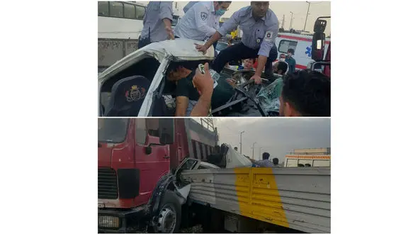 عکس فجیع از تصادف شدید 2 خودروی سنگین در رباط کریم