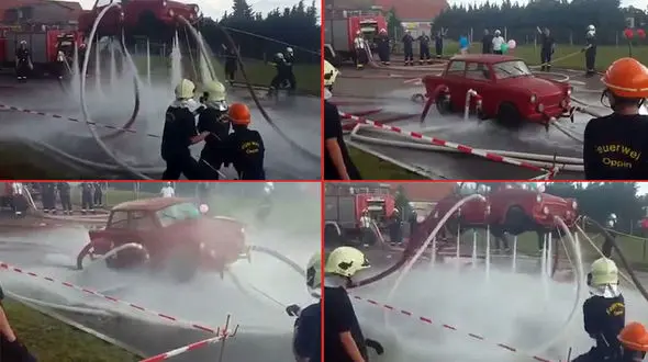 فیلم شیرین کاری عجیب آتش نشانان / با آب ماشین را به پرواز در آوردند + تصاویر