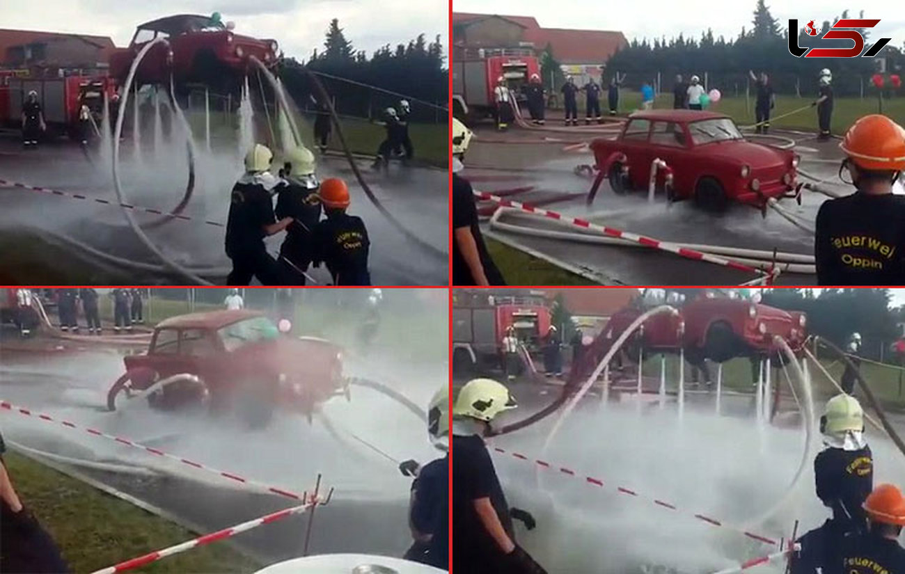 فیلم شیرین کاری عجیب آتش نشانان / با آب ماشین را به پرواز در آوردند + تصاویر