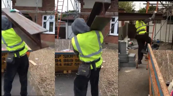 فیلم عجیب حمل تیر آهن ساختمانی روی دوش