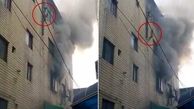 فیلم لحظه به لحظه پرتاب کردن 3 کودک از طبقه چهارم از سوی مادر شجاع / این ساختمان آتش گرفته بود + عکس و فیلم