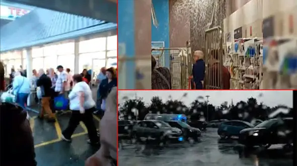 بارش باران سیل آسا از سقف بزرگ ترین فروشگاه/ مشتریان وحشت زده از فروشگاه خارج شدند