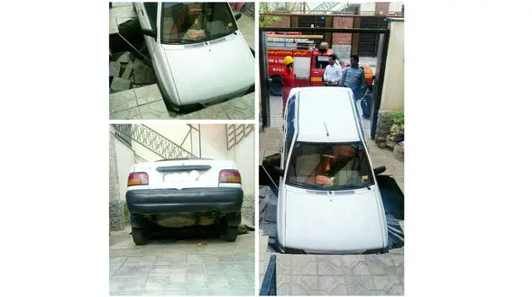 سقوط پراید به داخل حفره کف حیاط خانه + عکس