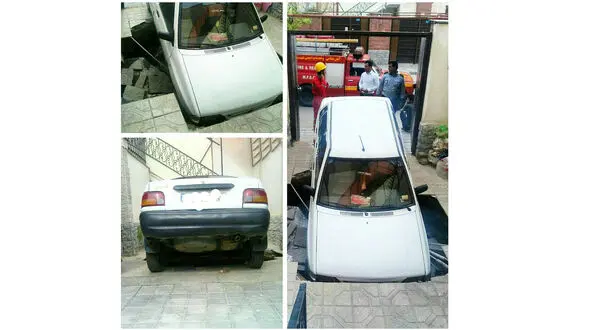 سقوط پراید به داخل حفره کف حیاط خانه + عکس