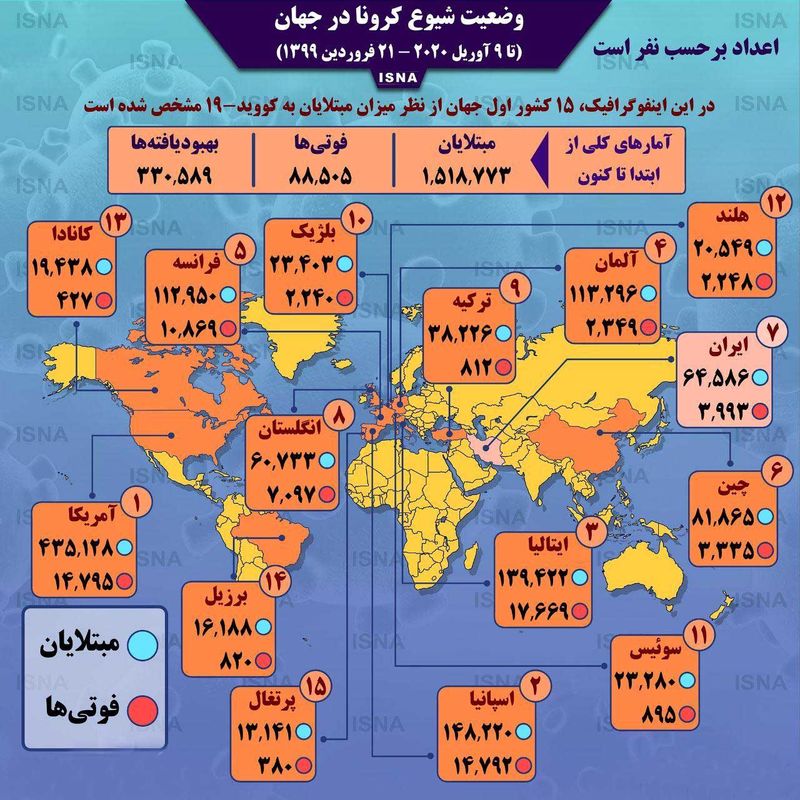 نقشه کرونا در جحهان