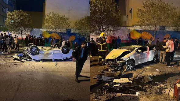 سقوط هولناک خودرو از پل روگذر عباسی تبریز! + عکس های وحشتناک