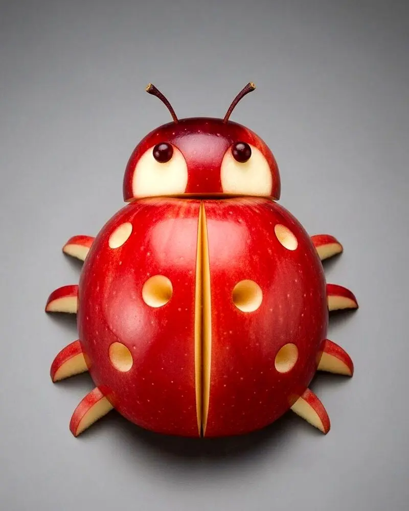 تصویری از مجسمه‌های خلاقانه ساخته‌شده با میوه، شامل حیواناتی مانند سگ سیبی، گربه هندوانه‌ای و حلزون میوه‌ای که با برش‌های دقیق و ترکیب رنگ‌های طبیعی میوه‌ها طراحی شده‌اند؛ مناسب برای معرفی هنر میوه‌آرایی و ترندهای خلاقانه در شبکه‌های اجتماعی.