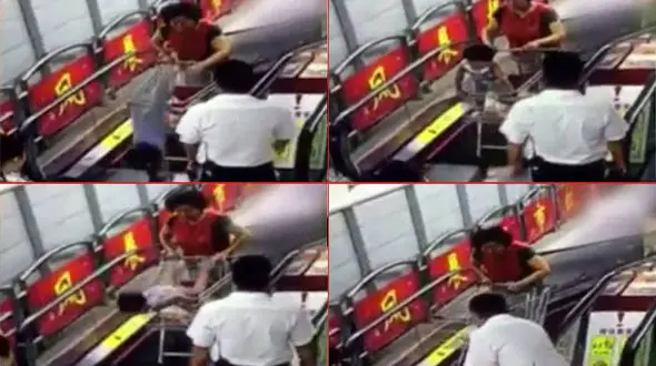 فیلم سقوط دختربچه از سبد خرید فروشگاه/ چرخ سبد خرید در پله برقی گیر کرد