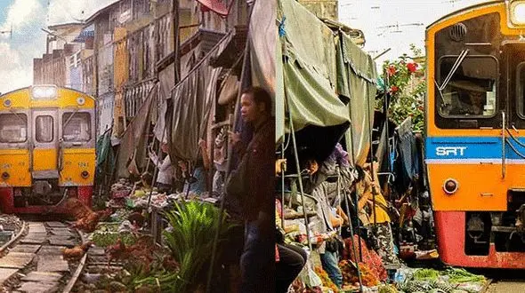 بازاری در بانکوک که قطار از وسط آن می گذرد!