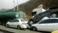 عکس / عجیب ترین تصادف زنجیره ای در جاده فیروزکوه /  زانتیا به پرواز در آمد!