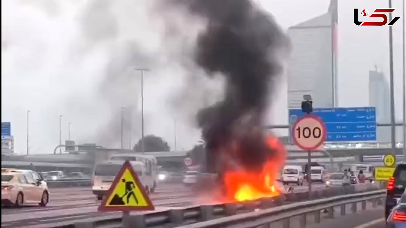 مشاهده/ خودروی لوکس فراری در بزرگراه شیخ زاید آتش گرفت