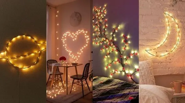 ایده‌ های جذاب و ترند تزئین دیوار با ریسه | 26 مدل مناسب برای دکوراسیون اتاق عروس