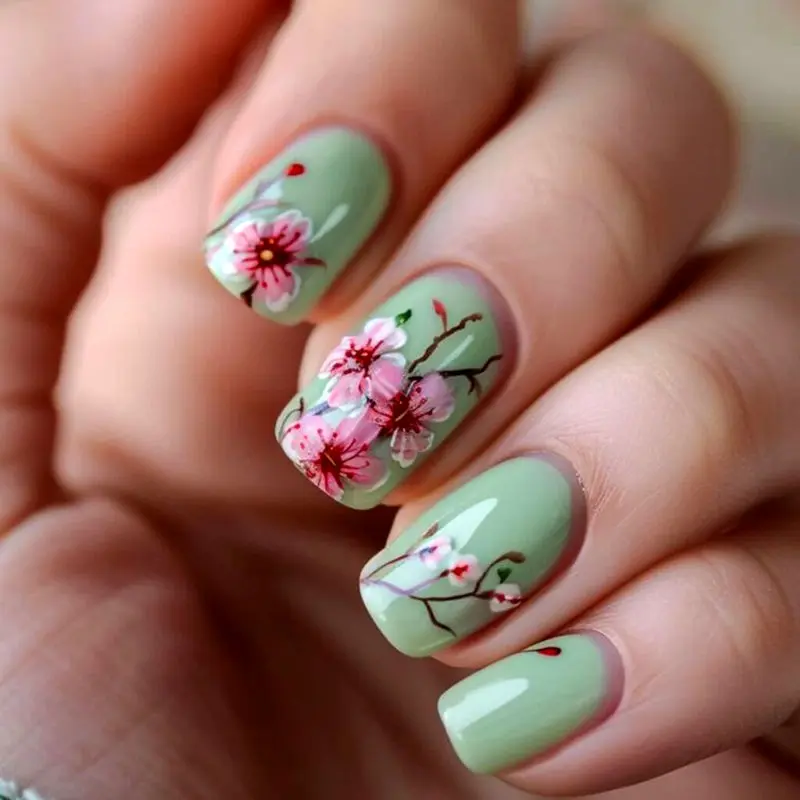 دیزاین ناخن بهاری گلدار سبز