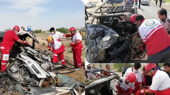 زنده زنده سوختن 3 مسافر در ماشین مچاله شده / در بوشهر رخ داد+عکس