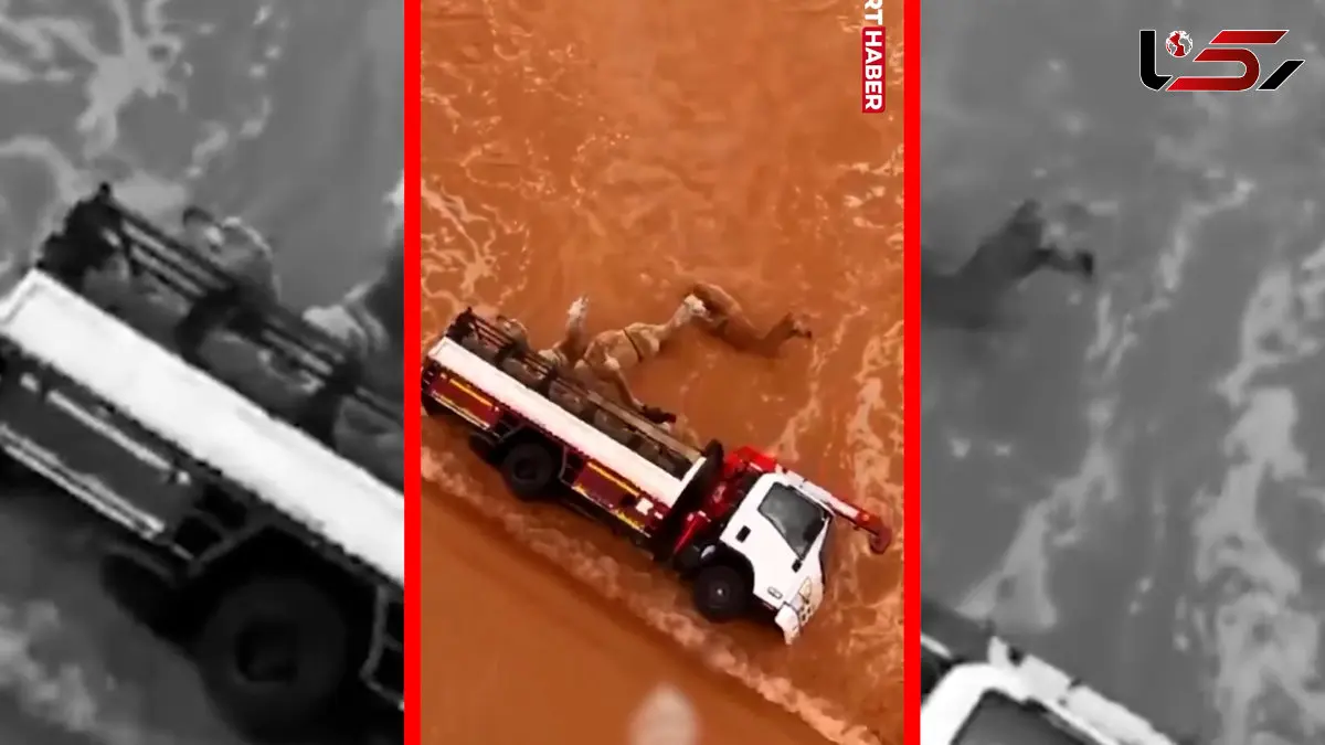 فیلم واژگونی کامیون حامل شتر در سیل عربستان