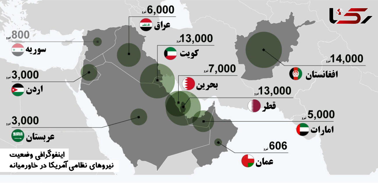 نقشه دقیق پایگاه های امریکایی در اطراف ایران / 65 هزار نیروی امریکایی در تیررس ایران