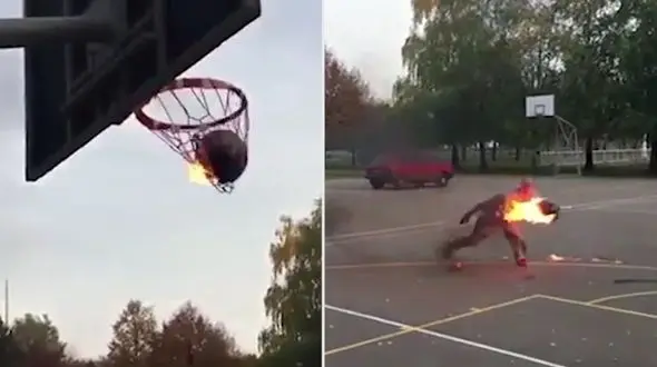 حرکت باورنکردنی با توپ بسکتبال آتشین+فیلم و عکس