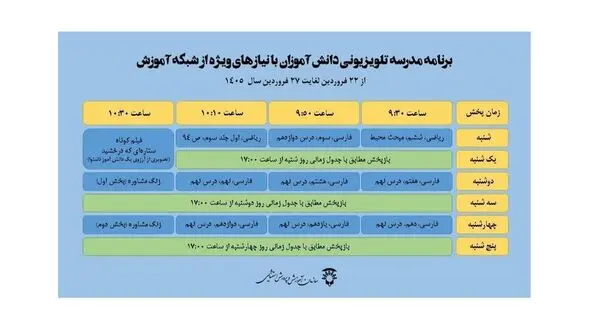 اعلام جدول پخش مدرسه تلویزیونی دانش‌آموزان تا ۲۷ فروردین