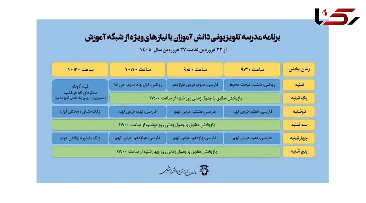 اعلام جدول پخش مدرسه تلویزیونی دانش‌آموزان تا ۲۷ فروردین