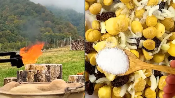 آشپزی روستایی زوج مشهور آذربایجانی / پختن بریانی بوقلمون شکم پر + فیلم