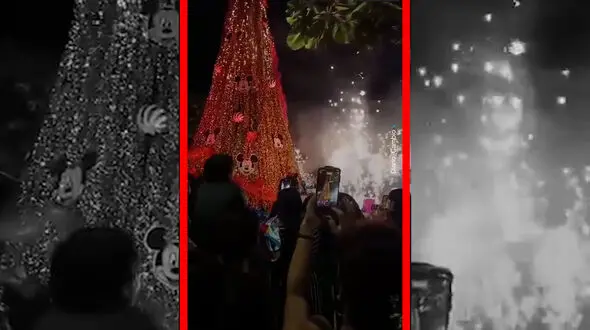 فیلم آتش‌سوزی ناگهانی درخت کریسمس در مکزیک