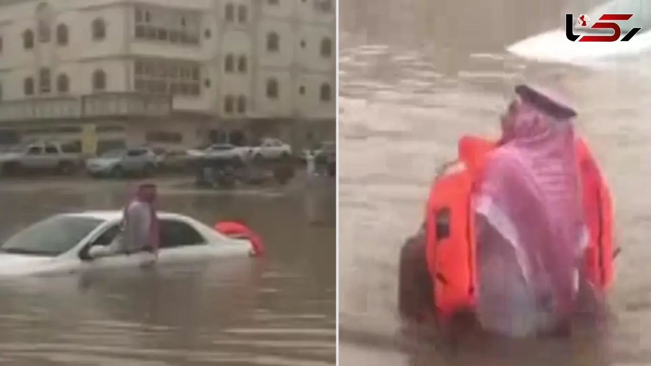 فیلم لحظه اقدام شجاعانه یک مرد برای نجات یک گرفتار در سیل + عکس