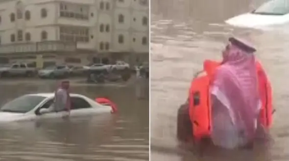 فیلم لحظه اقدام شجاعانه یک مرد برای نجات یک گرفتار در سیل + عکس