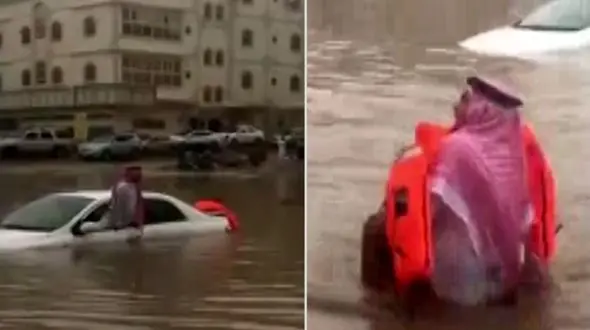 فیلم لحظه اقدام شجاعانه یک مرد برای نجات یک گرفتار در سیل + عکس