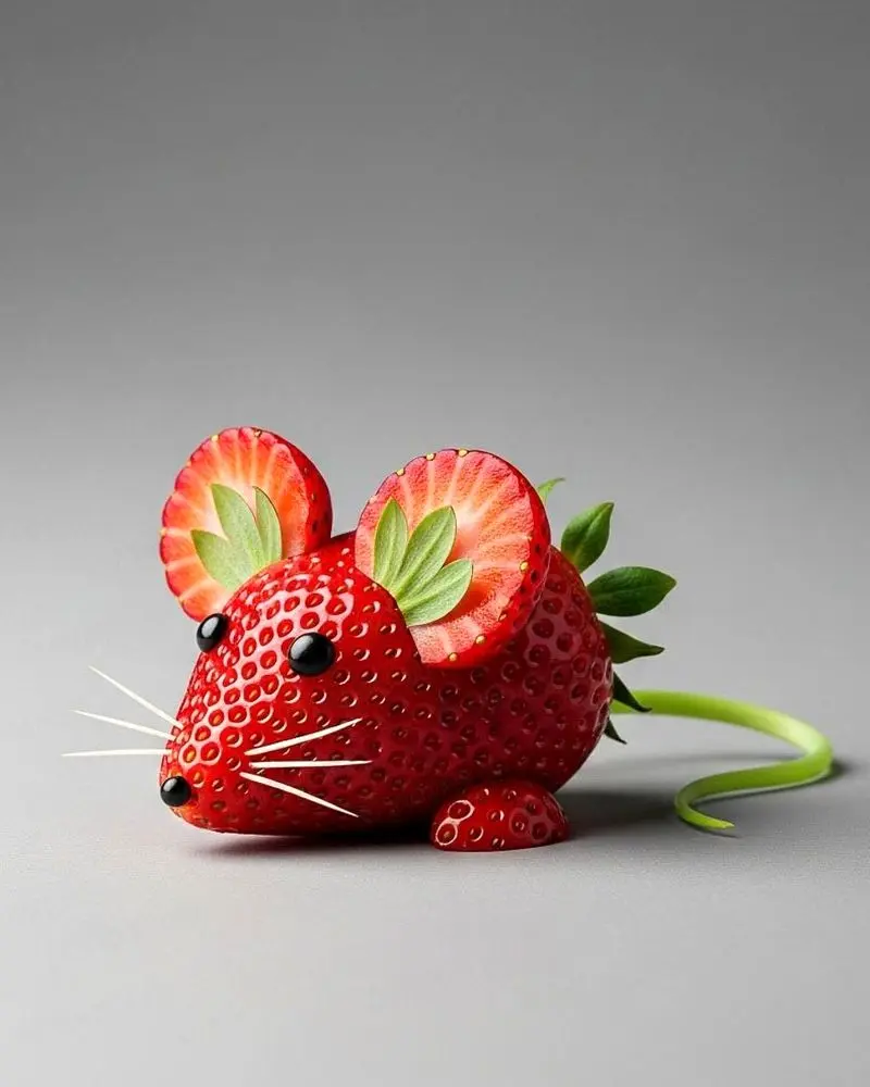 تصویری از مجسمه‌های خلاقانه ساخته‌شده با میوه، شامل حیواناتی مانند سگ سیبی، گربه هندوانه‌ای و حلزون میوه‌ای که با برش‌های دقیق و ترکیب رنگ‌های طبیعی میوه‌ها طراحی شده‌اند؛ مناسب برای معرفی هنر میوه‌آرایی و ترندهای خلاقانه در شبکه‌های اجتماعی.