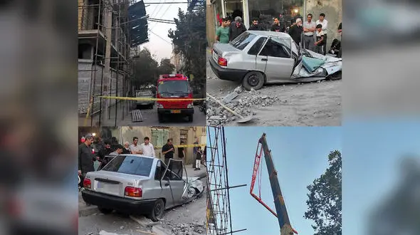 ببینید / له شدن هولناک پراید؛ اولین تصاویر از سقوط تیرچه‌های بتنی از روی جرثقیل در مشهد