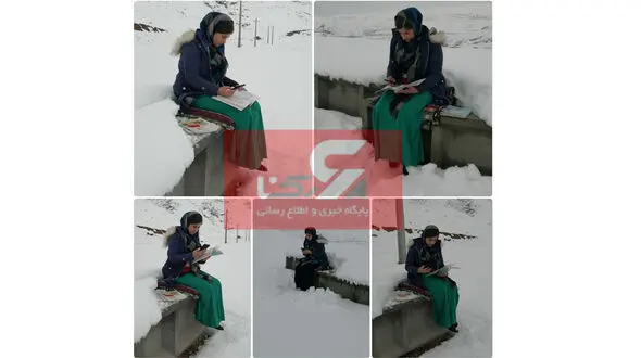 تدریس خانم معلم اشنویه ای نشسته بر برف، وسط بوران / آقای وزیر اینجا موبایل آنتن نمی دهد! + عکس