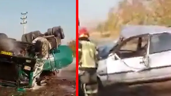  واژگونی هولناک تانکر سوخت و تصادف با خودرو پژو + فیلم