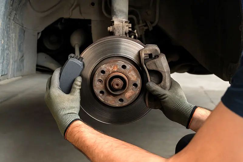 نمای نزدیک از مکانیک که لنت ترمز جدید را روی دیسک چرخ خودرو نصب می‌کند و چرخ باز شده است.