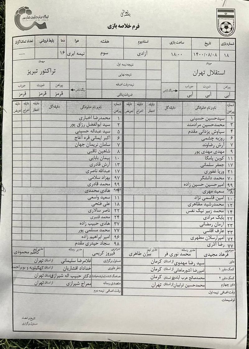 لیست بازی استقلال و تراکتور