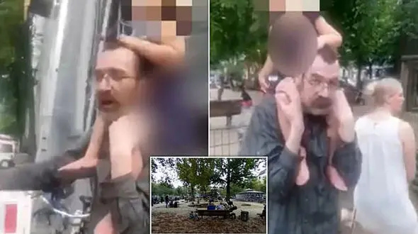 فیلم لحظه ربودن دختر 2 ساله از پارک / مرد عینکی ناگهان دختر را روی شانه هایش گذاشت و با خود برد / آلمان