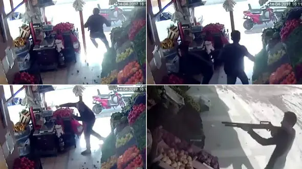 مغازه دار با پرتاب گوجه فرنگیانتقامجوی مسلح را فراری داد + فیلم وعکس