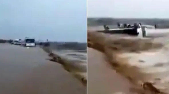 لحظه سقوط وحشتناک اتوبوس مسافربری در مسیر سیل + فیلم